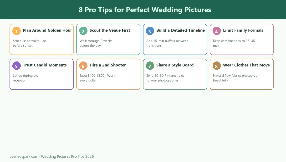8 pro tips for perfect wedding pictures - lighting, timeline, shot list, candid moments