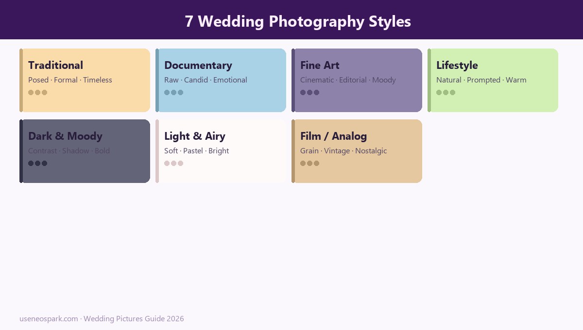 7 wedding photography styles compared - traditional, documentary, fine art, lifestyle, dark moody, light airy, film