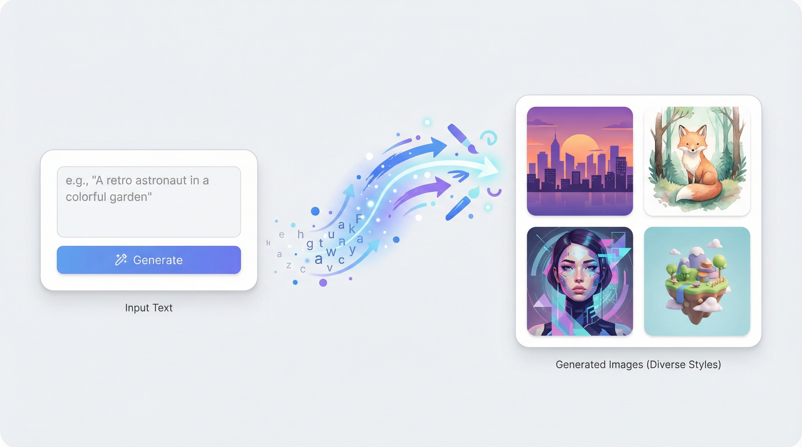 AI creative generation concept showing text transforming into multiple visual styles