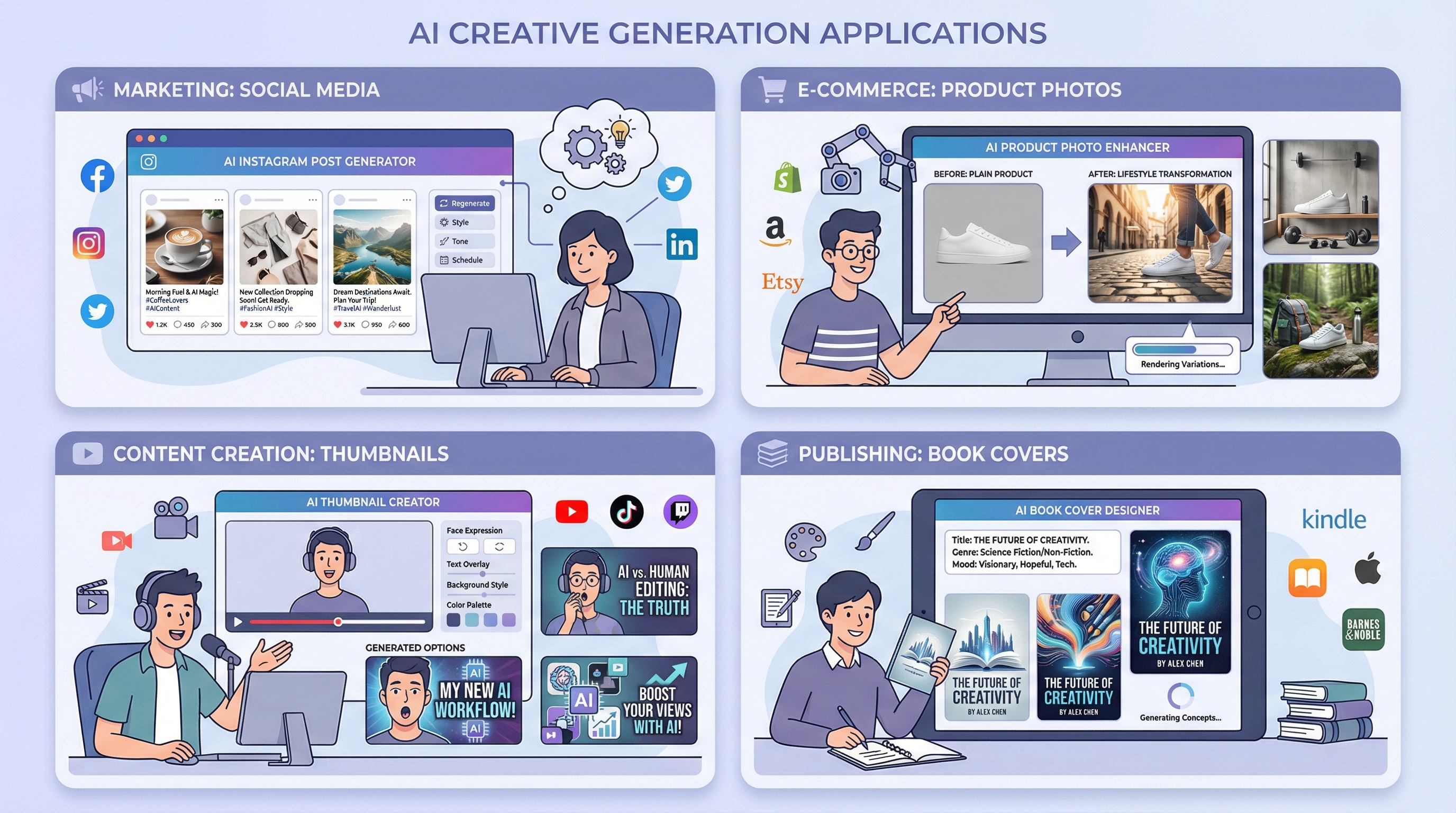 Four real-world applications of AI creative generation: Marketing, E-commerce, Content Creation, and Publishing