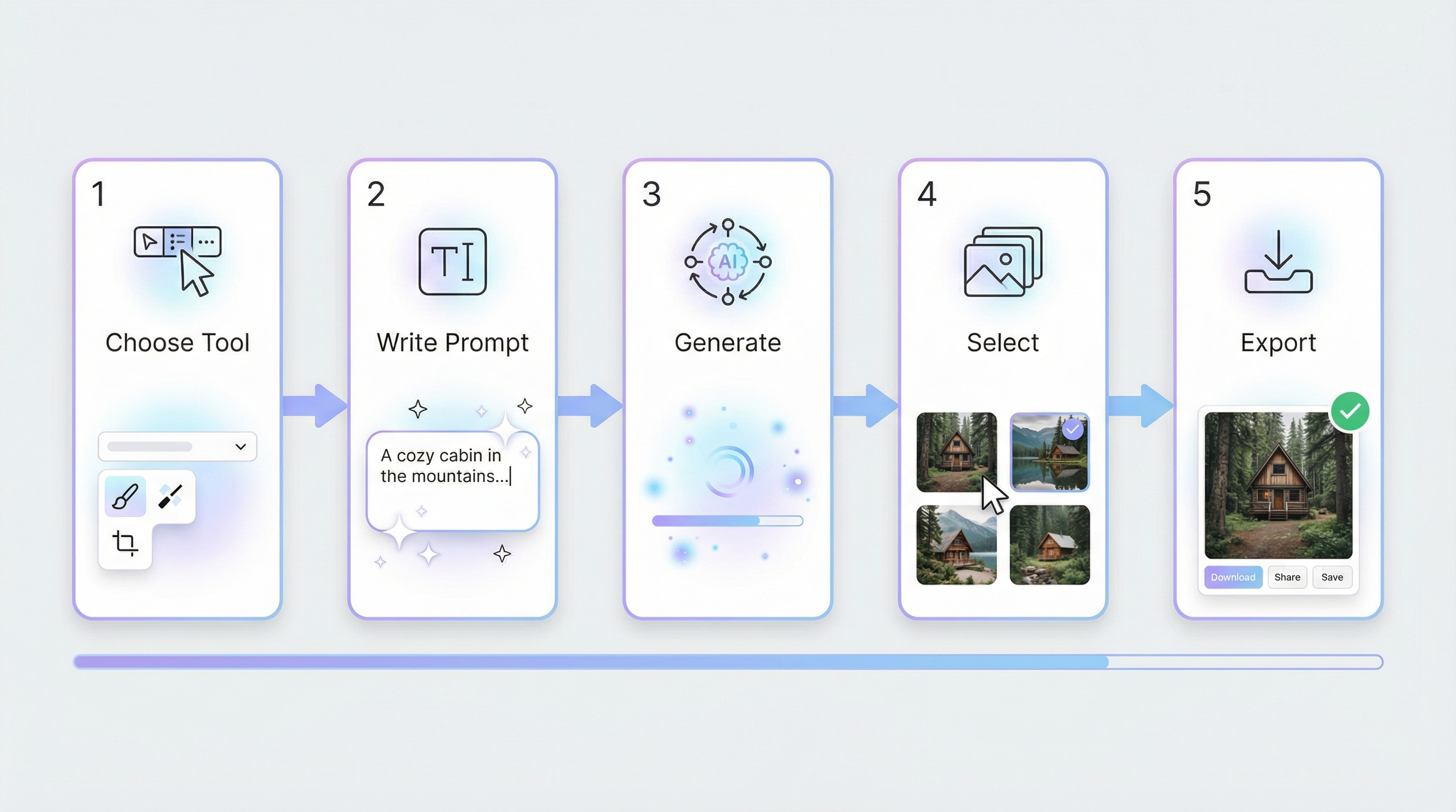 5-step workflow for getting started with AI creative generation: Choose Tool, Write Prompt, Generate, Select, Export
