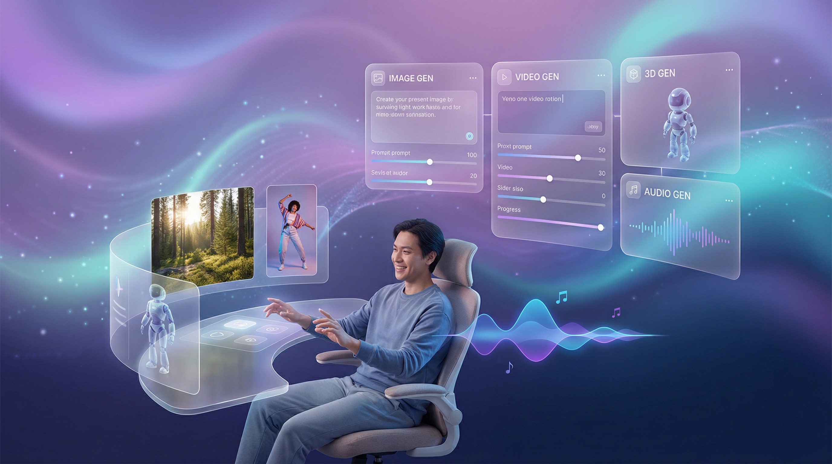 Futuristic vision of AI creative generation with person interacting with holographic interface generating diverse content types